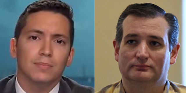 This is a photo composite of Cruz campaign Miami-Dade chairman Manny Roman (L) on Fox News and Republican presidential candidate Ted Cruz (R).