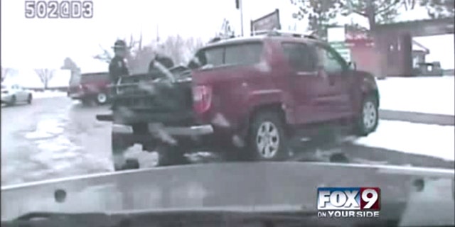 A screengrab from this dash-cam video, obtained by Fox affiliate KIVI-TV, shows Roseen being questioned by Klitch.
