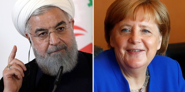 Angela Merkel's government had been seeking to circumvent pending U.S. sanctions; the sanctions have heaped pressure on Iranian President Hassan Rouhani (left)