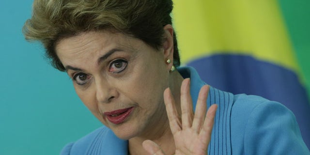 Brazil's President Dilma Rousseff during a press conference at Planalto Presidential Palace, in Brasilia, April 18, 2016.