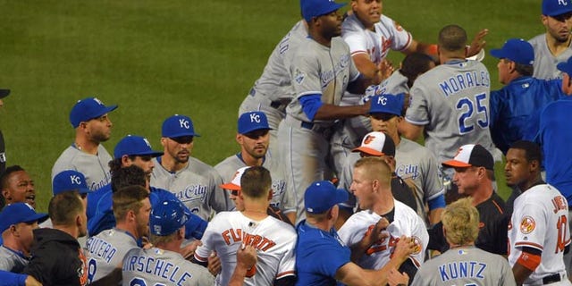 A fight breaks out between the Baltimore Orioles and Kansas City Royals after starting pitcher Yordano Ventura drilled Orioles batter Manny Machado during the fifth inning of a baseball game, Tuesday, June 7, 2016  at Camden Yards in Baltimore. (Karl Merton Ferron/The Baltimore Sun via AP)  WASHINGTON EXAMINER OUT; MANDATORY CREDIT
