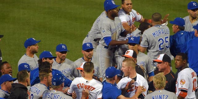 A fight breaks out between the Baltimore Orioles and Kansas City Royals after starting pitcher Yordano Ventura drilled Orioles batter Manny Machado during the fifth inning of a baseball game, Tuesday, June 7, 2016 at Camden Yards in Baltimore. (Karl Merton Ferron/The Baltimore Sun via AP) WASHINGTON EXAMINER OUT; MANDATORY CREDIT