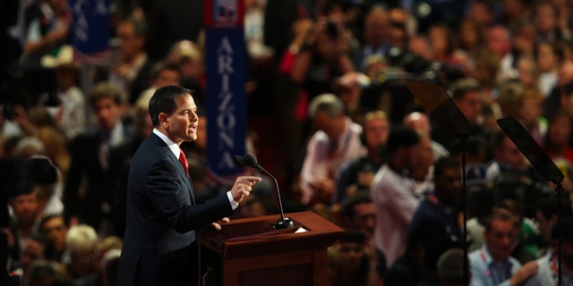 TAMPA, FL - AUGUST 30: U.S. Senator Marco Rubio (FL) speaks during the final day of the Republican National Convention at the Tampa Bay Times Forum on August 30, 2012 in Tampa, Florida. Former Massachusetts Gov. Mitt Romney was nominated as the Republican presidential candidate during the RNC which will conclude today. (Photo by Joe Raedle/Getty Images)