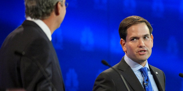 Marco Rubio and Jeb Bush during the CNBC Republican debate on Oct. 28, 2015, in Boulder, Colo.