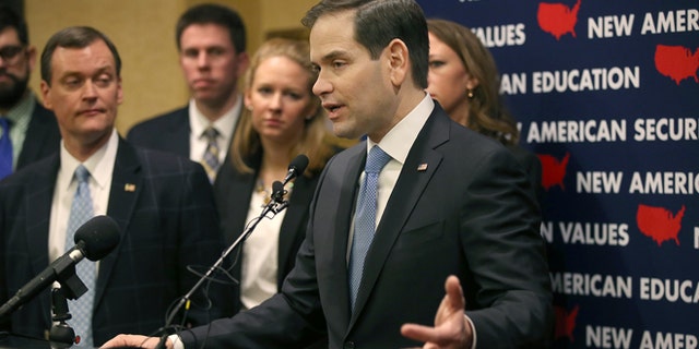 GOP presidential candidate Marco Rubio, who made a brief stop in Minneapolis for a fundraiser at the Minneapolis Club, announces a "Minnesota Leadership Team," during a press conference, Tuesday, Jan. 19, 2016,in Minneapolis. (Elizabeth Flores/Star Tribune via AP)