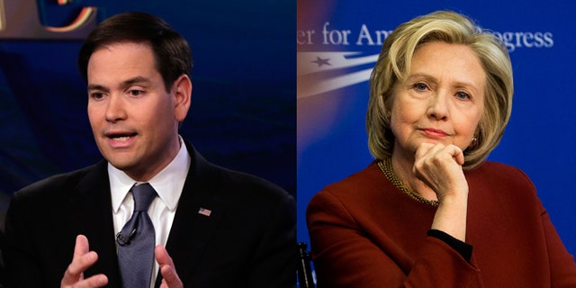 Left: U.S. Sen. Marco Rubio, R-Fla, appears on "The Five" television program, on the Fox News Channel, in New York, Monday, March 30, 2015. (AP Photo/Richard Drew) Right: Former Secretary of State Hillary Rodham Clinton listens during an event hosted by the Center for American Progress (CAP) and the America Federation of State, County and Municipal Employees (AFSCME), in Washington on March 23, 2015. A final nuclear deal with Iran would enable Clinton to claim a piece of the victory. But if negotiations fall apart or produce an agreement that lets Iran pursue a bomb, Clinton would own a piece of the failure. (AP Photo/Pablo Martinez Monsivais)