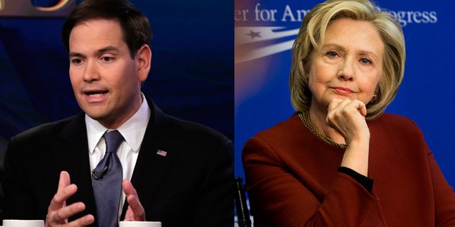 Left: U.S. Sen. Marco Rubio, R-Fla, appears on "The Five" television program, on the Fox News Channel, in New York, Monday, March 30, 2015. (AP Photo/Richard Drew) Right: Former Secretary of State Hillary Rodham Clinton listens during an event hosted by the Center for American Progress (CAP) and the America Federation of State, County and Municipal Employees (AFSCME), in Washington on March 23, 2015. A final nuclear deal with Iran would enable Clinton to claim a piece of the victory. But if negotiations fall apart or produce an agreement that lets Iran pursue a bomb, Clinton would own a piece of the failure. (AP Photo/Pablo Martinez Monsivais)