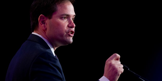 Sen. Marco Rubio, R-Fla. speaks at the International Association of Firefighters (IAFF) Legislative Conference and Presidential Forum in Washington, Tuesday, March 10, 2015. (AP Photo/Pablo Martinez Monsivais)