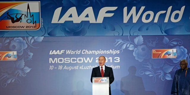 Aug. 10, 2013: Russian President Vladimir Putin speaks during the Opening Ceremony for the World Athletics Championships in the Luzhniki stadium in Moscow, Russia.