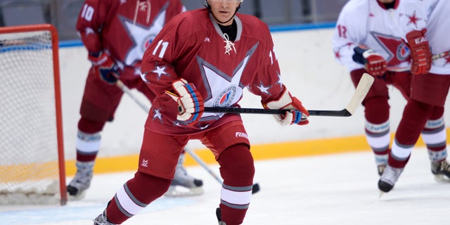 Jan. 4, 2014 - Russian President Vladimir Putin takes part in a friendly hockey match between the Stars of the NHL 1 and the Stars of the NHL 2 teams at The Bolshoy Ice Dome, at the Black Sea resort of Sochi, southern Russia.