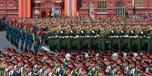 May 9, 2015: Russian army soldiers march along Red Square during the Victory Parade marking the 70th anniversary of the defeat of Nazi Germany in World War II in Moscow. (AP Photo/Ivan Sekretarev)