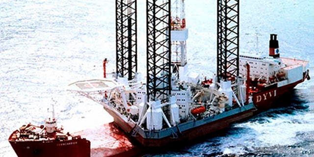 In this undated photo released by Arktikmorneftegazrazvedka, an oil drilling platform 'Kolskaya' is seen in the Sea of Okhotsk.
