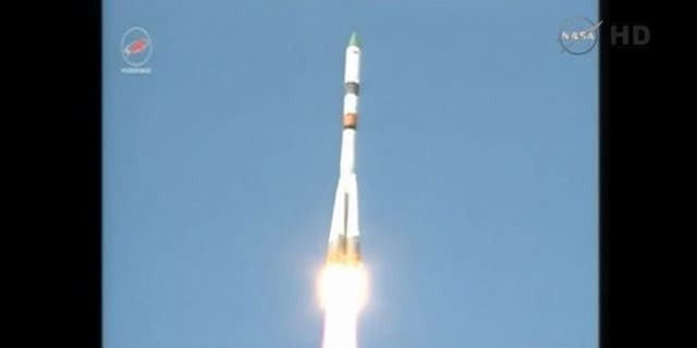 Russia's robotic Progress 59 cargo spacecraft launches toward the International Space Station atop a Soyuz rocket from Baikonur Cosmodrome in Kazakhstan on April 28, 2015.