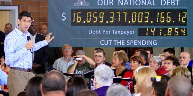 FILE: Sept. 18, 2012: GOP vice presidential nominee Rep. Paul Ryan, R-Wis., campaigns in Dover, N.H., with the national debt clock on stage. Republicans were highly critical of spending levels under President Obama during his administration.
