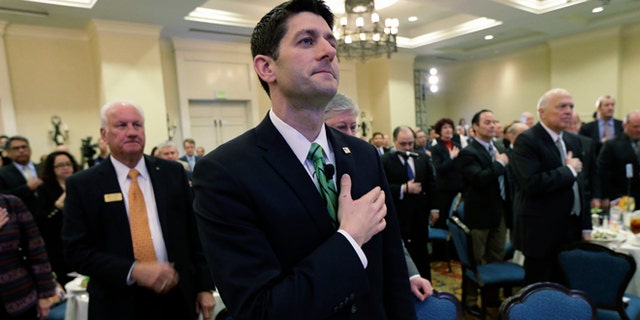 Jan. 23, 2014: GOP Rep. Paul Ryan recites the Pledge of Allegiance during an event in San Antonio, Texas.