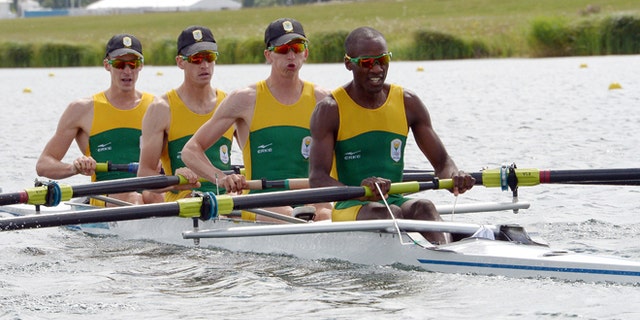Aug. 2, 2012: South Africa rowers, from left, James Thompson, Matthew Brittain, John Smith and Sizwe Ndlovu compete to win the gold medal in the men's lightweight four rowing final at the London 2012 Summer Olympics in Eton Dorney, near Windsor, England.