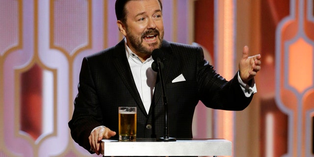 In this image released by NBC, host Ricky Gervais appears at the 73rd Annual Golden Globe Awards at the Beverly Hilton Hotel in Beverly Hills, Calif., on Sunday, Jan. 10, 2016.