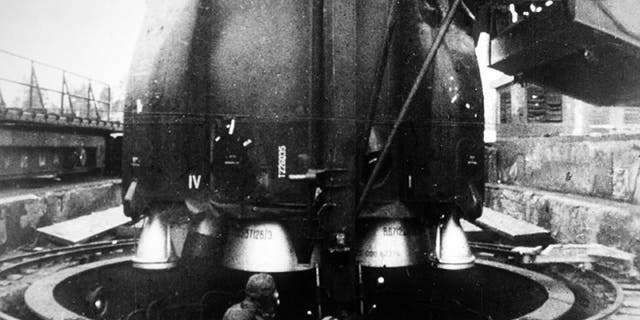 A Department of Defense image of an SS-9 ICBM missile, one of a family of missiles designed by the Soviet Union during the Cold War and given the name "Satan" by NATO.