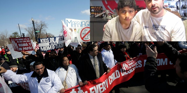 March 26, 2013: Demonstrators walk outside the Supreme Court in Washington where the court will hear arguments on California's voter approved ban on same-sex marriage, Proposition 8.