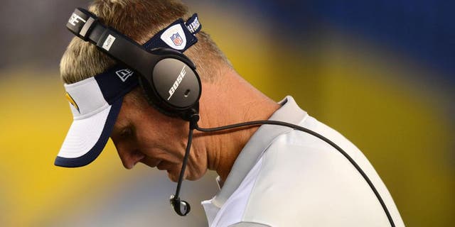 Aug 29, 2015; San Diego, CA, USA; San Diego Chargers head coach Mike McCoy looks on during the fourth quarter against the Seattle Seahawks at Qualcomm Stadium. Mandatory Credit: Jake Roth-USA TODAY Sports