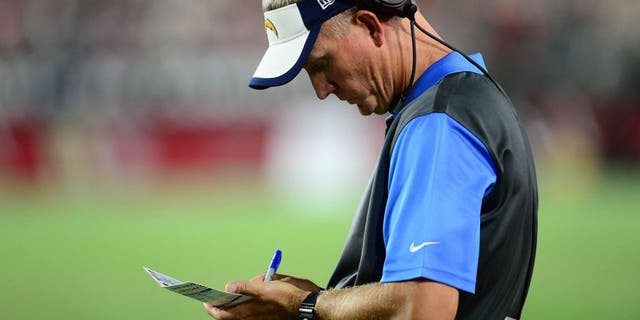 Aug 22, 2015; Glendale, AZ, USA; San Diego Chargers head coach Mike McCoy looks on against the Arizona Cardinals during the first half at University of Phoenix Stadium. The Chargers won 22-19. Mandatory Credit: Joe Camporeale-USA TODAY Sports
