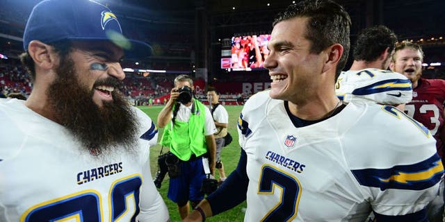 Aug 22, 2015; Glendale, AZ, USA; San Diego Chargers kicker Josh Lambo (2) celebrates with teammates after kicking a game winning field goal against the Arizona Cardinals during the second half at University of Phoenix Stadium. The Chargers won 22-19. Mandatory Credit: Joe Camporeale-USA TODAY Sports