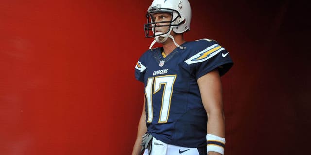 Aug 29, 2015; San Diego, CA, USA; San Diego Chargers quarterback Philip Rivers (17) heads towards the field before the preseason game against the Seattle Seahawks at Qualcomm Stadium. Mandatory Credit: Orlando Ramirez-USA TODAY Sports