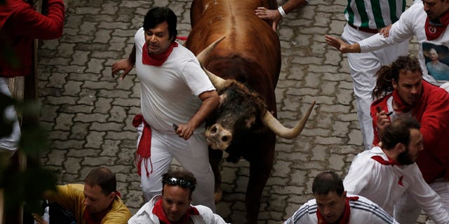July 9, 2014: A Victoriano del Rio ranch fighting bull tosses a reveler during the running of the bulls of the San Fermin festival, in Pamplona, Spain.