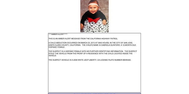 This Amber Alert press release shows 1-year-old Gabriela Quintero who was inside an SUV when it was stolen.