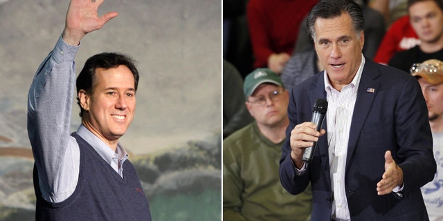 File: Republican presidential candidates Rick Santorum and Mitt Romney