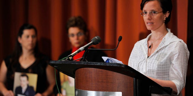 Sept. 19: Sarah Shourd speaks during a press conference as Cindy Hickey, mother of Shane Bauer, left and Laura Fattal, mother of Josh Fattal watch.