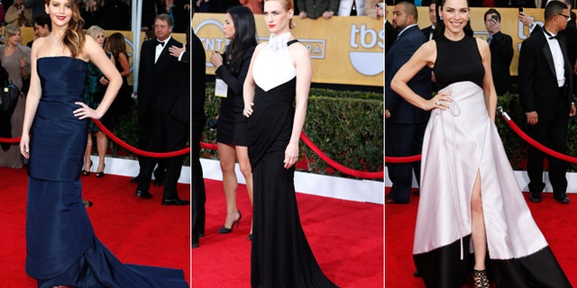 Jennifer Lawrence, left, January Jones, center, and Julianna Margulies attend the Screen Actors Guild Awards.
