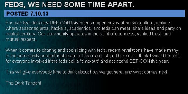 Late Wednesday night, DEFCON founder Jeff Moss posted a note saying that federal government officials should not attend this year's convention.