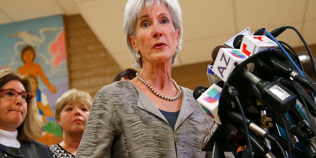Oct. 24, 2013: Health and Human Services Secretary Kathleen Sebelius answers a question during a news conference after visiting the Wesley Health Center.