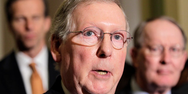 March 8, 2011: Senate Republican leader, Mitch McConnell of Kentucky, speaks with reporters following a weekly Republican policy luncheon, on Capitol Hill in Washington