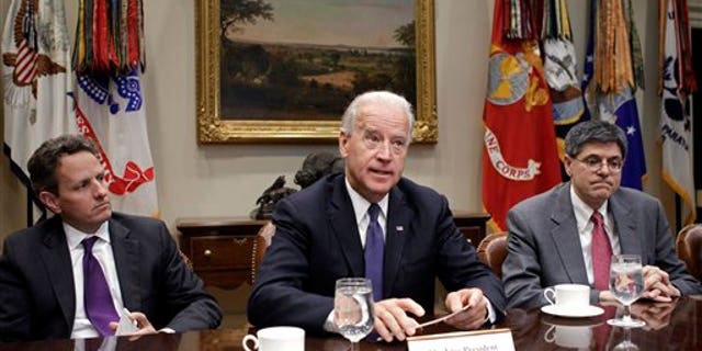 December 2010: VP Joe Biden and Treasury Secretary Tim Geithner during a meeting at the White House. Biden is to begin leading a series of bipartisan talks this week on reducing the debt.
