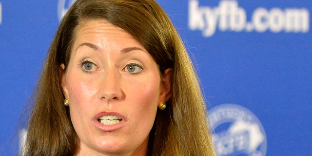 In this Aug. 20, 2014 file photo, Kentucky Democratic Senate candidate Alison Lundergan Grimes speaks in Louisville, Ky.