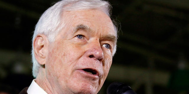 FILE - In this Tuesday, Nov. 4, 2014, file photo, Sen. Thad Cochran, R-Miss., speaks to supporters following his victory over Democrat Travis Childers and Reform Party candidate Shawn O'Hara, at his victory party in Jackson, Miss. (AP Photo/Rogelio V. Solis, File)