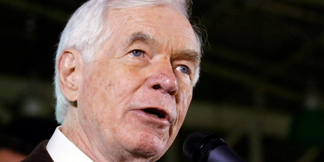 FILE - In this Tuesday, Nov. 4, 2014, file photo, Sen. Thad Cochran, R-Miss., speaks to supporters following his victory over Democrat Travis Childers and Reform Party candidate Shawn O'Hara, at his victory party in Jackson, Miss. (AP Photo/Rogelio V. Solis, File)