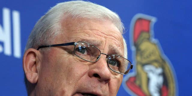This May 28, 2013, photo shows Ottawa Senators general manager and president of hockey operations Bryan Murray during a news conference in Ottawa.  Murray has been diagnosed with cancer. The team confirmed the diagnosis Monday, July 7, 2014, in a statement on its website. (AP Photo/The Canadian Press, Fred Chartrand)