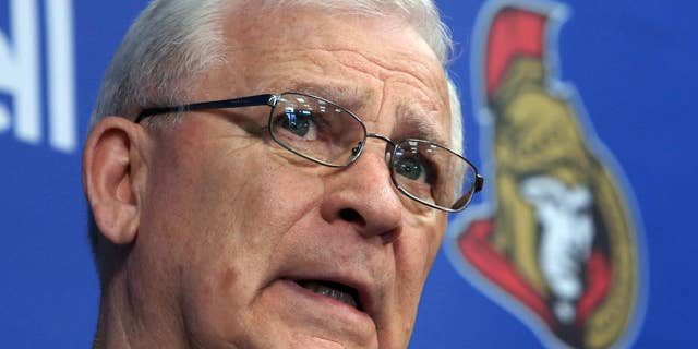 This May 28, 2013, photo shows Ottawa Senators general manager and president of hockey operations Bryan Murray during a news conference in Ottawa. Murray has been diagnosed with cancer. The team confirmed the diagnosis Monday, July 7, 2014, in a statement on its website. (AP Photo/The Canadian Press, Fred Chartrand)