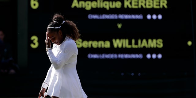 Serena Williams reacts to losing against Angelique Kerber on Saturday, July 14, 2018.