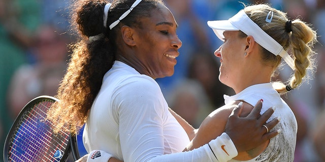 Serena Williams congratulates Germany's Angelique Kerber, after Kerber won this year's Wimbledon women's final.
