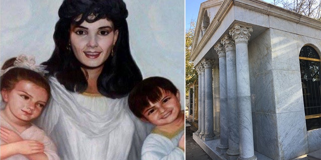 Guadalupe Leija Serrano was the wife of Héctor Luis Palma Salazar, 'El Guero'. She and her two young children Nataly and Héctor were all murdered by a Venezuelan drug trafficker to get at El Guero, who was sent the severed head of his wife in a box; In the cupola of their small mausoleum, Guadalupe and her children are depicted in a painting as angels seated in heaven (left)