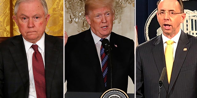 President Trump criticized the Justice Department, noting that he wouldn't stay away forever. Trump, center, has blasted Attorney General Jeff Sessions, left, for recusing himself from the Russia investigation, and reportedly wants to remove Deputy Attorney General Rod Rosenstein, right.