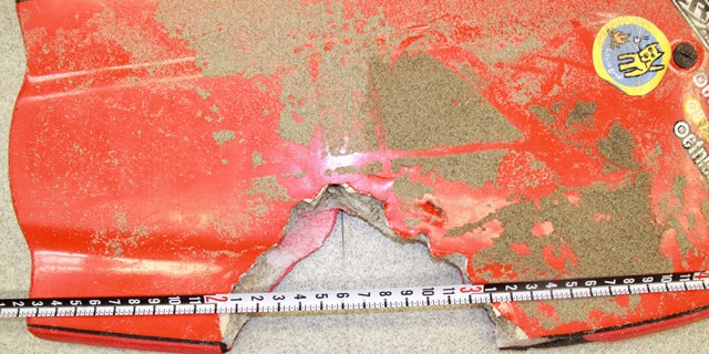 Oct. 22, 2010: This photo provided by the Santa Barbara County Sheriff's Department shows the bite of a shark on a boogie-board on which Lucas Ransom, 19, in a shark attack at Vandenberg Air Force Base near Lompoc, Calif.
