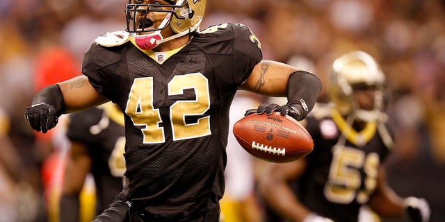 Oct. 31, 2010: New Orleans Saints cornerback Darren Sharper celebrates after recovering a fumble by Pittsburgh Steelers tight end Heath Miller (not in picture) during the fourth quarter of their NFL football game in New Orleans, Louisiana.
