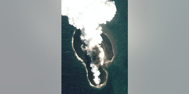 A 2011 satellite photo of the eruption that created Sholan Island.