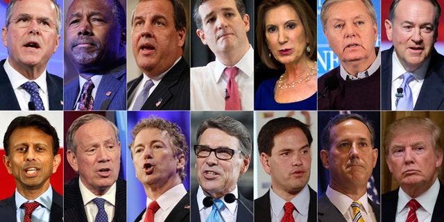 This combo made from file photos shows the 2016 Republican presidential candidates who have officially declared their candidacy as of Sunday, July 12, 2015. Top row, from left, Former Florida Gov. Jeb Bush, retired neurosurgeon Ben Carson, New Jersey Gov. Chris Christie, Texas U.S. Sen. Ted Cruz, former Hewlett-Packard CEO Carly Fiorina, South Carolina U.S. Sen. Lindsey Graham, and former Arkansas Gov. Mike Huckabee. Bottom row, from left, Louisiana Gov. Bobby Jindal, former New York Gov. George Pataki, Kentucky U.S. Sen. Rand Paul, former Texas Gov. Rick Perry, Florida U.S. Sen. Marco Rubio, former U.S. Sen. Rick Santorum, and real estate mogul Donald Trump. (AP Photo)