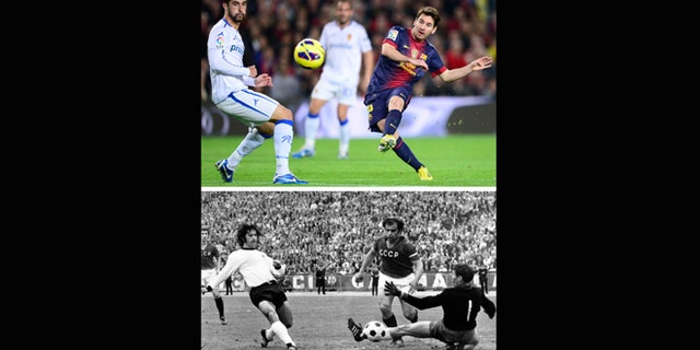 This combo of two file photos shows at top; FC Barcelona's Lionel Messi, from Argentina, scoring his second goal against Zaragoza during a Spanish La Liga soccer match at the Camp Nou stadium in Barcelona, Spain, in a Nov. 17, 2012 file photo, and at bottom; a June 18, 1972 file photo of Gerd Mueller, left, of West Germany, scoring a goal against the Soviet Union in the Heysel Stadium, in Brussels.